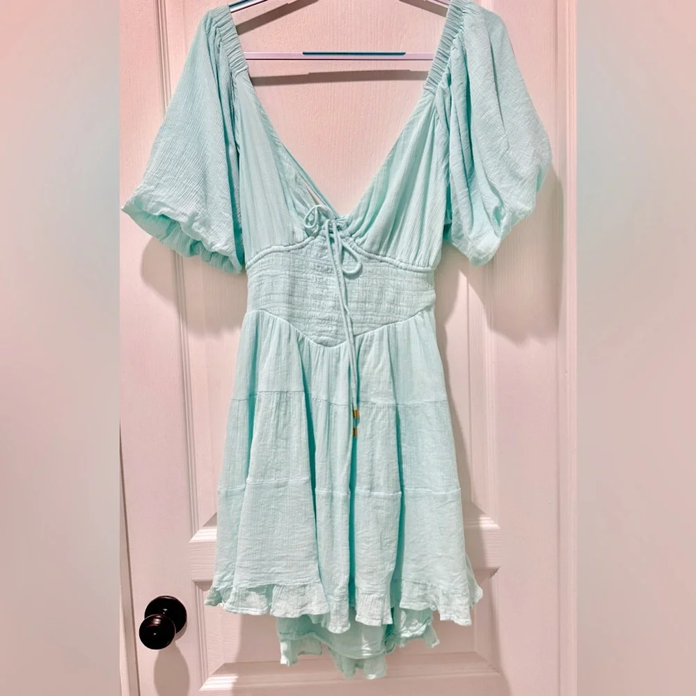 FREE PEOPLE Perfect Day Balloon Sleeve A-line Mini Dress w Lace Up Tie Back